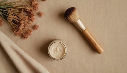 Open cream jar with natural bristle makeup brush on linen background, organic skincare essentials, organic beauty concept perfect for clean beauty brands and tutorials