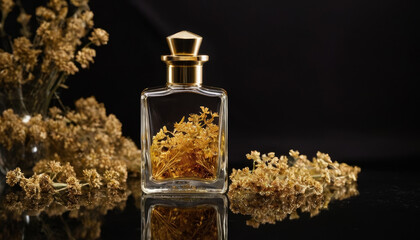mpty rectangular glass bottle with yellow flowers inside, surrounded by dried blooms on black background, luxury botanical style, luxury packaging perfect for high-end perfume and cosmetic brands.