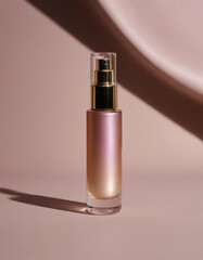Minimalist tall pink glass bottle on luxury background, premium cosmetic packaging, premium style ideal for beauty brands and product presentations