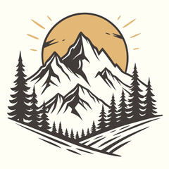 Obraz premium Sunset above mountains peak silhouette. Vintage styled mountain logo or sticker or poster template. Vector illustration
