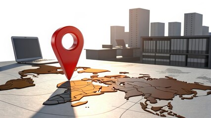 Red Location Pointer on World Map with Laptop and City Skyline