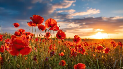 Obraz premium Red flower fields at sunset, mountains, blue sky, white clouds; The blooming flowers form an endless sea of red in the golden light, and only the petals of the wind and sand focus on the flowers.