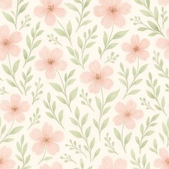 Pastel Pink Watercolor Floral Seamless Pattern Delicate Flowers and Greenery