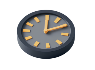  3D icon of a clock, in grey and yellow colors on a white background, with a minimalistic design, simple shapes, and smooth textures