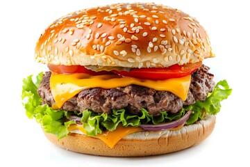 A cheeseburger with a toasted sesame seed or brioche bun, melted cheddar cheese, grilled beef patty, lettuce, tomato, onions, and pickles isolated on a white background