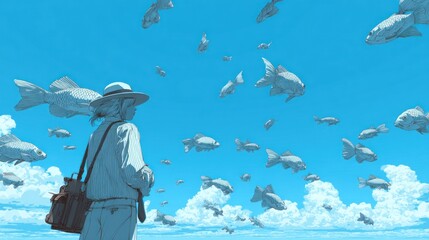 A person gazes at floating fish in a serene sky