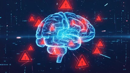 Artificial intelligence (AI) brain experiencing a system error, with flashing alert symbols and digital glitches - Powered by Adobe