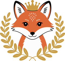 A cute cartoon fox with crown. Surrounding the fox head is a golden leaves transparent png vector