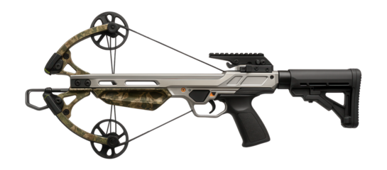 Compound crossbow with adjustable stock and camo pattern for hunting
