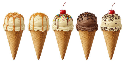 Five ice cream cones with different flavors isolated on transparent background