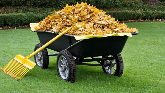 A wheelbarrow brimming with bright yellow leaves sits on a lush green lawn, awaiting collection for fall yard maintenance