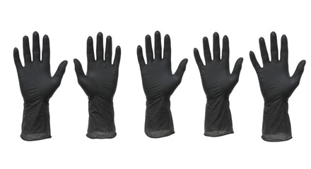 Five black gloves lined up against a dark backdrop isolated on transparent background