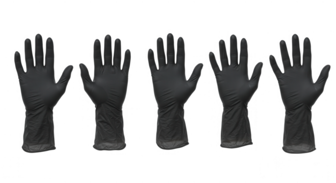 Five black gloves lined up against a dark backdrop isolated on transparent background