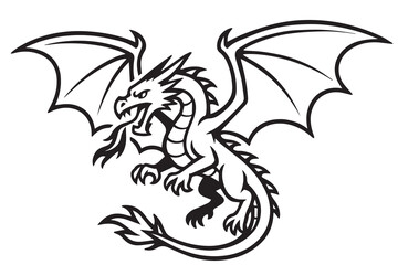 A black and white vector of a majestic dragon, outlined in bold black lines showing detailed wings, scales, claws, and fierce expression.

