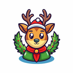 Cute christmas reindeer cartoon illustration with santa hat and wreath holiday season art on transparent background