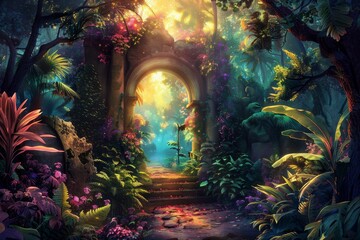 Fototapeta premium Stone archway covered with colorful flowers and plants leading to a magical tropical forest, creating a captivating fantasy landscape