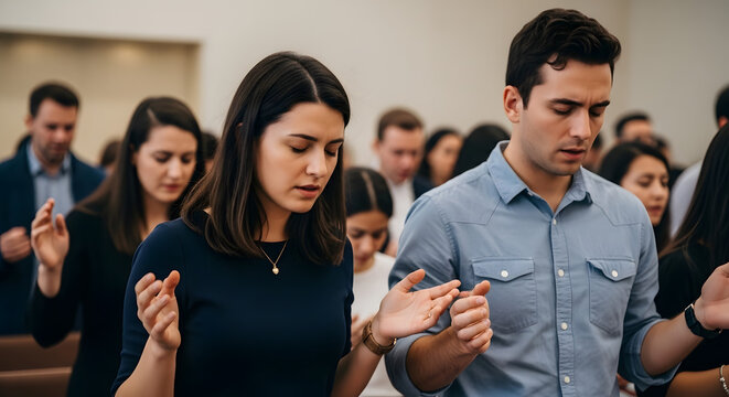 Group Praying Together in Church Service