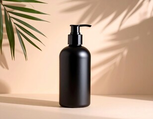 Naklejka premium Black pump bottle on beige background