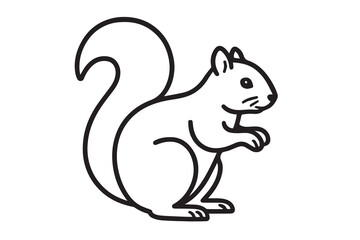 A black and white vector of a squirrel, drawn with bold black outlines highlighting its fluffy tail, small paws, and alert, curious expression.

