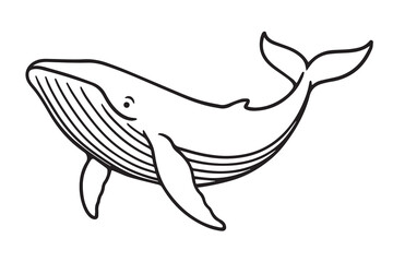 A black and white vector of a whale, drawn with bold black outlines highlighting its massive body, curved fins, and smooth aquatic movement.

