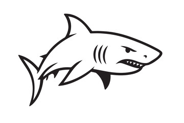 Fototapeta premium Vector illustration of a shark in black and white, featuring thick black outlines highlighting its pointed snout, dorsal fin, and powerful tail.