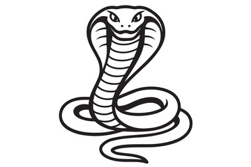 A black and white vector of a cobra, drawn with bold black outlines emphasizing its flared hood, coiled body, and intense gaze.