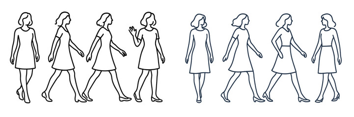 Different walking poses and gestures of a woman captured in a minimalist style during daytime