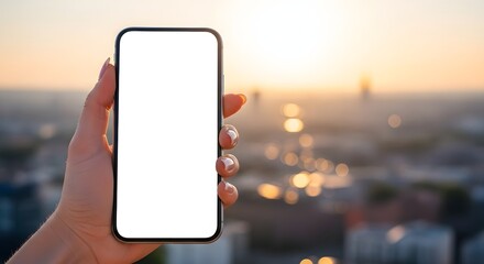 Woman holds a blank smartphone in her hand against a blurred cityscape sunset.