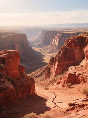 Stunning desert canyon with red rock formations, a winding valley, and warm sunlight highlighting the rugged landscape.