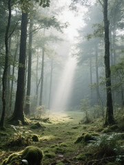 A tranquil forest with sunlight streaming through the trees, illuminating a mossy green floor and creating a serene, misty atmosphere.