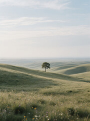 A peaceful scene of rolling green hills with a lone tree and colorful wildflowers under a soft, cloudy sky.