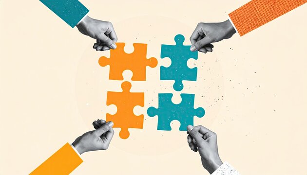 Hands assembling puzzle pieces