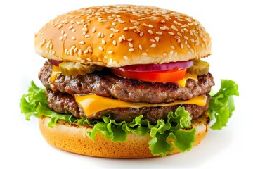 A classic cheeseburger with a toasted sesame seed or brioche bun, melted cheddar cheese, grilled beef patty, lettuce, tomato, onions, and pickles isolated on a white background
