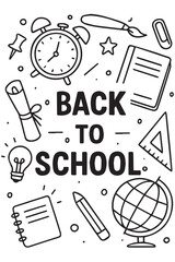 Vector background in black and white illustrates happy students with books and supplies, symbolizing learning excitement during back to school time.

