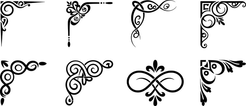 Ornate black decorative corner elements for design and embellishment vector