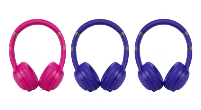 Three colorful headphones in a row isolated on transparent background - Powered by Adobe