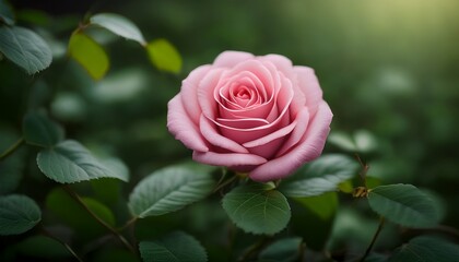 a single pink rose emerging from a patch of green foliage