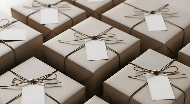 Gifts beautifully wrapped in neutral paper with string and blank tags, perfect for celebrations and special occasions