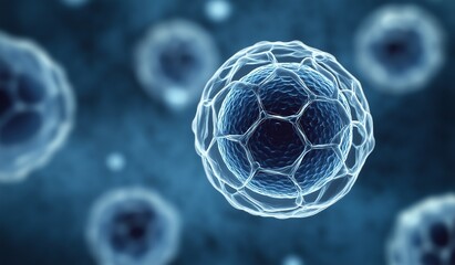 an isolated blue cell with intricate structure against dark background, surrounded by similar cells, symbolizing technological research for future medical advancements and scientific discoveries
