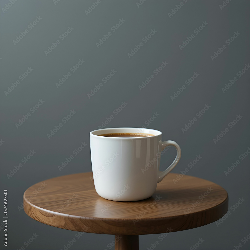 Fototapete side view of a cup of coffee on a small round table, presented in a horizontal layout.