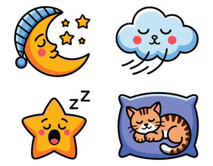 Pixel Art Sleep Icons: Moon, Stars, Cloud, Cat for Design Projects