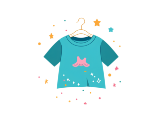 A cute t-shirt icon, in a clip art style with pastel colors and sparkles, on a white background. The shirt is teal blue in color and has an orange outline around the edges.