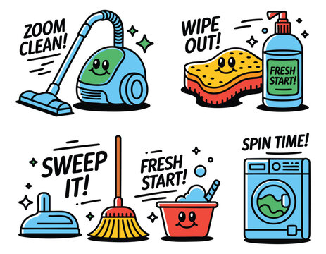 Cleaning Supplies Cartoon Illustrations: Vacuum, Broom, Sponge, Washer