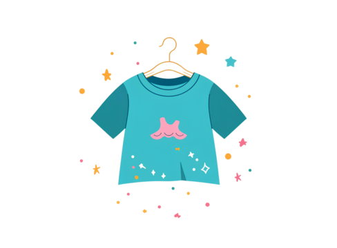 A cute t-shirt icon, in a clip art style with pastel colors and sparkles, on a white background. The shirt is teal blue in color and has an orange outline around the edges. - Powered by Adobe