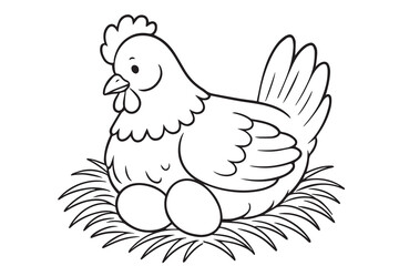 Vector illustration shows a mother hen sitting on her eggs, rendered in black and white with strong black outlines emphasizing protective posture.

