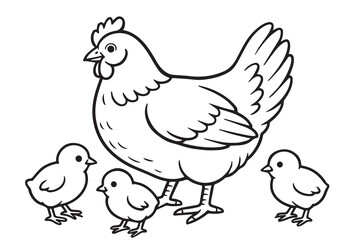 Vector illustration features a mother hen and three chicks, drawn in black and white style with thick black outlines for visual clarity.

