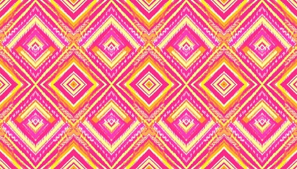 Funky Aztec diamonds bold pink yellow Raster Pattern. Colorful tribal geometrics in neon colors