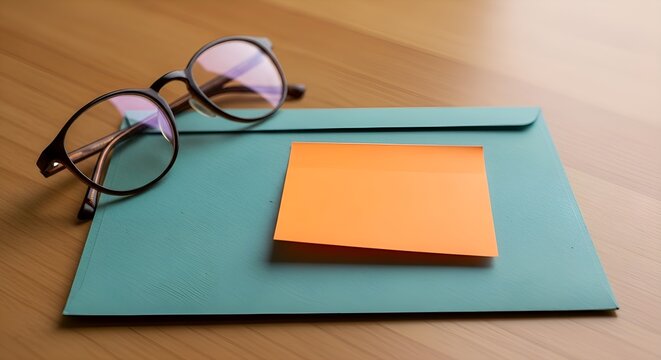 Workspace featuring glasses, a teal envelope, and an orange sticky note on a wooden desk, suggesting organization.