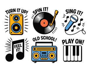Retro Music Icons: Boombox, Vinyl, Microphone, Piano, Speaker, Music Note