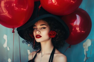 Brunette fashion model wearing black hat and red rose earring posing with red balloons